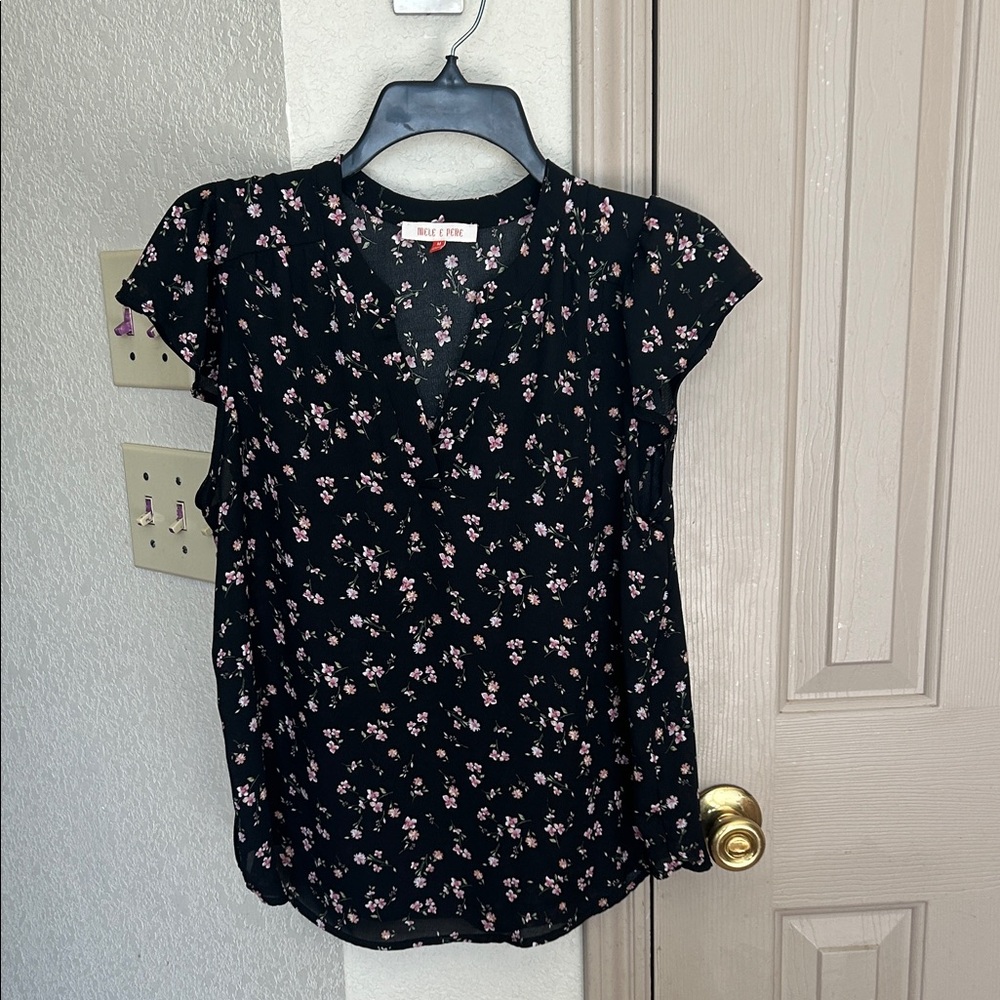 Black Blouse with Pink Floral Pattern